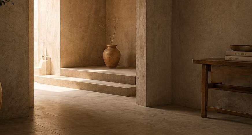 Light falling across travertine steps in a plastered interior